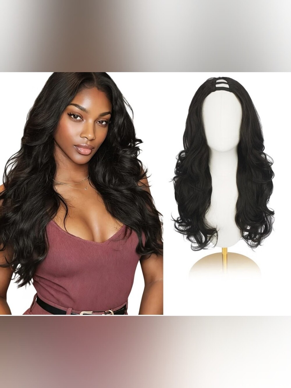 U Part Wig Body Wave Synthetic Glueless Heat Safe to 320°F Dark Brown 22"